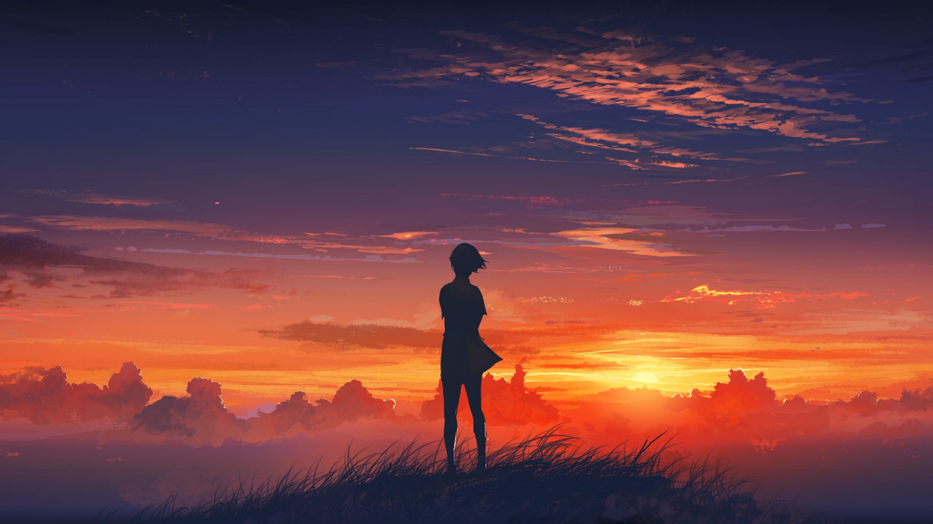 Anime Girls Silhouette Sunset 4K Wallpaper iPhone HD Phone 6320f