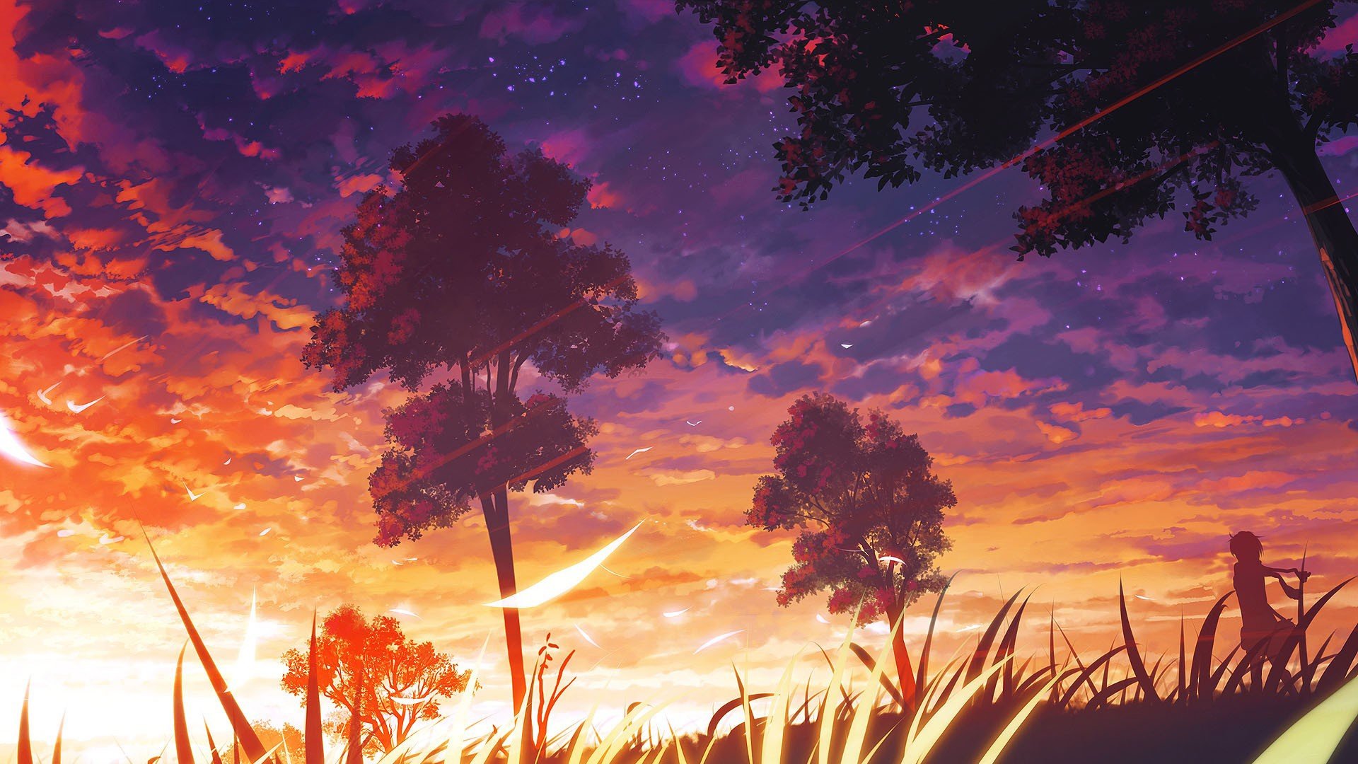 HD wallpaper anime sunset landscape birds clouds built structure  orange color  Wallpaper Flare