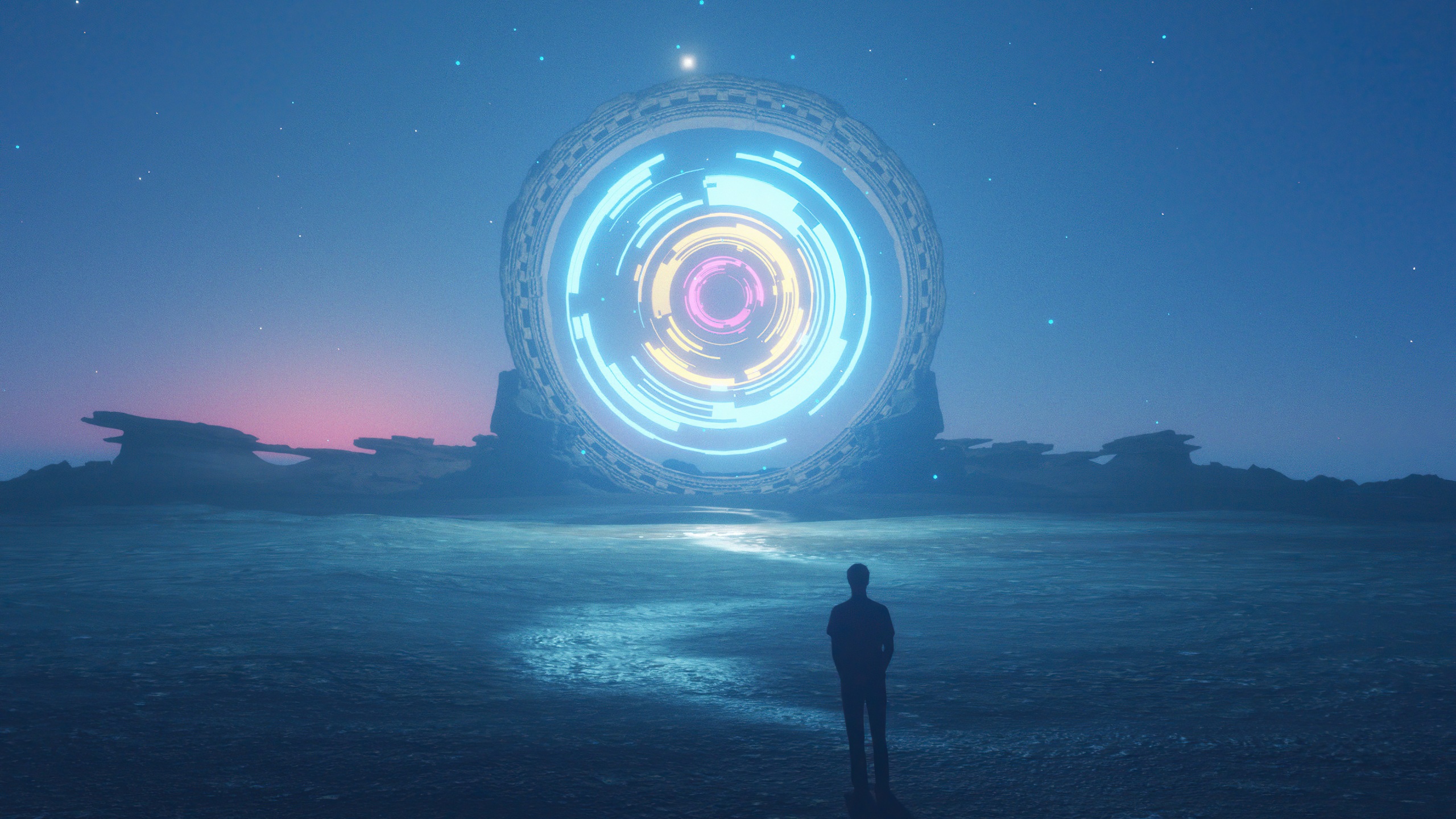 Premium AI Image | Anime scene of a girl looking out a portal at a planet  generative ai