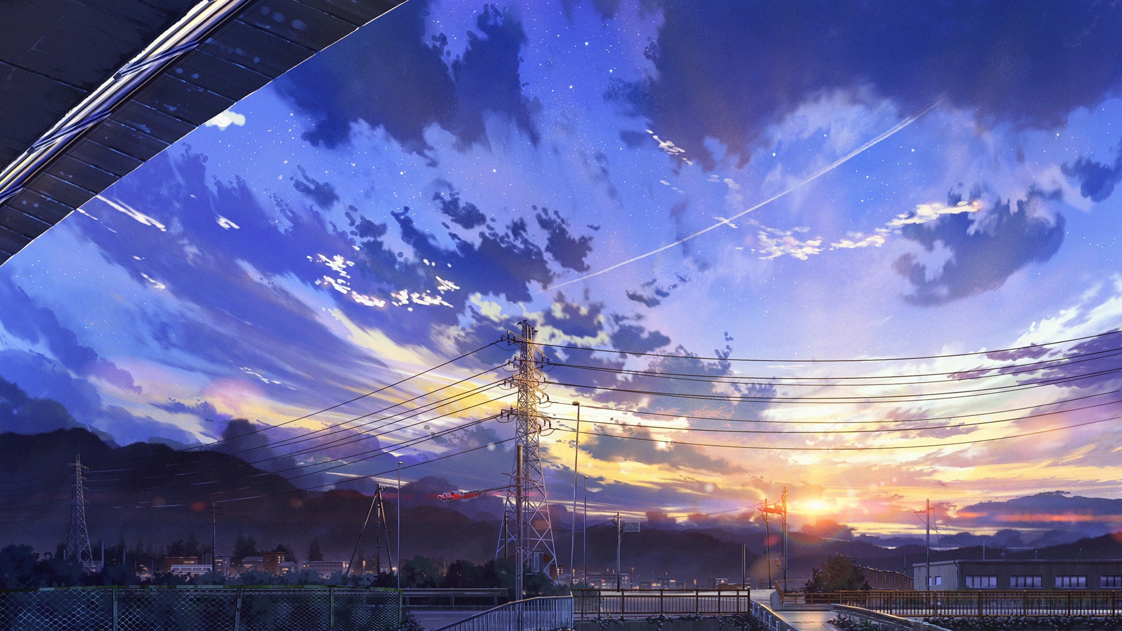 Anime Landscape for Desktop Scenery Clouds Stars Buildings 4K wallpaper