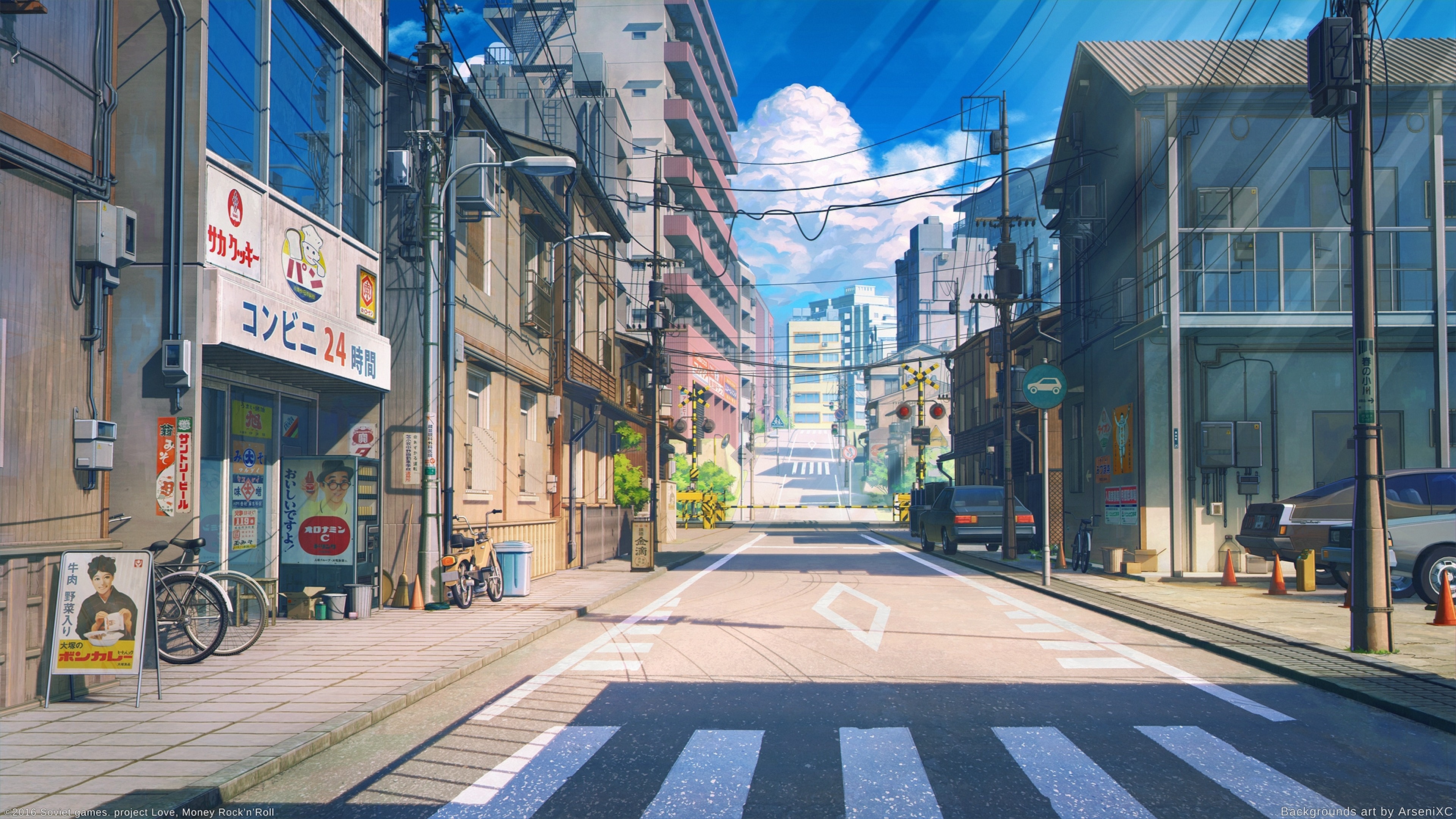Anime Street for Desktop Scenic Buildings Bicycle Cars Road Clouds 4K  wallpaper
