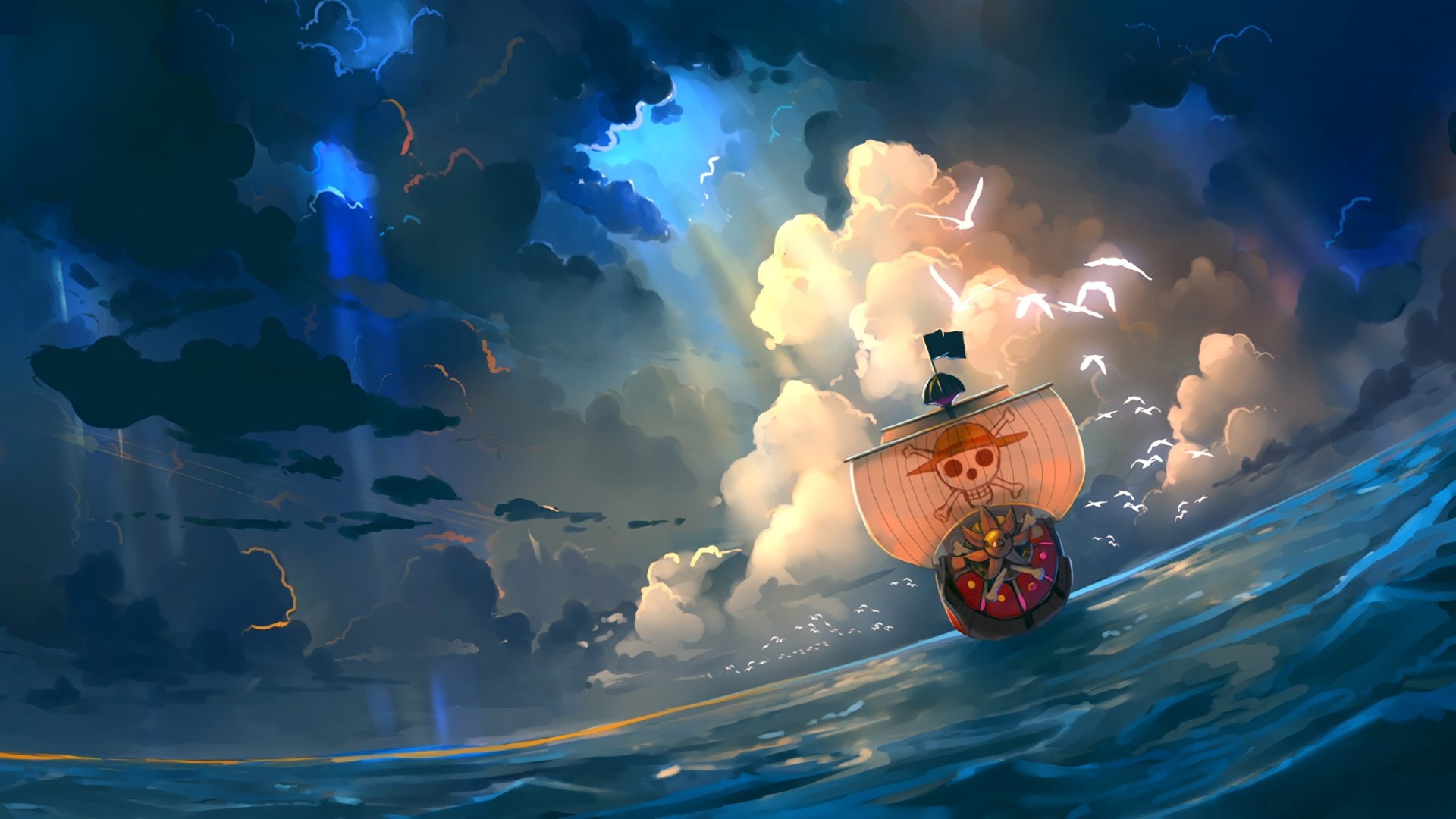One Piece for Desktop Thousand Sunny Ship Ocean Clouds Artwork 4K wallpaper