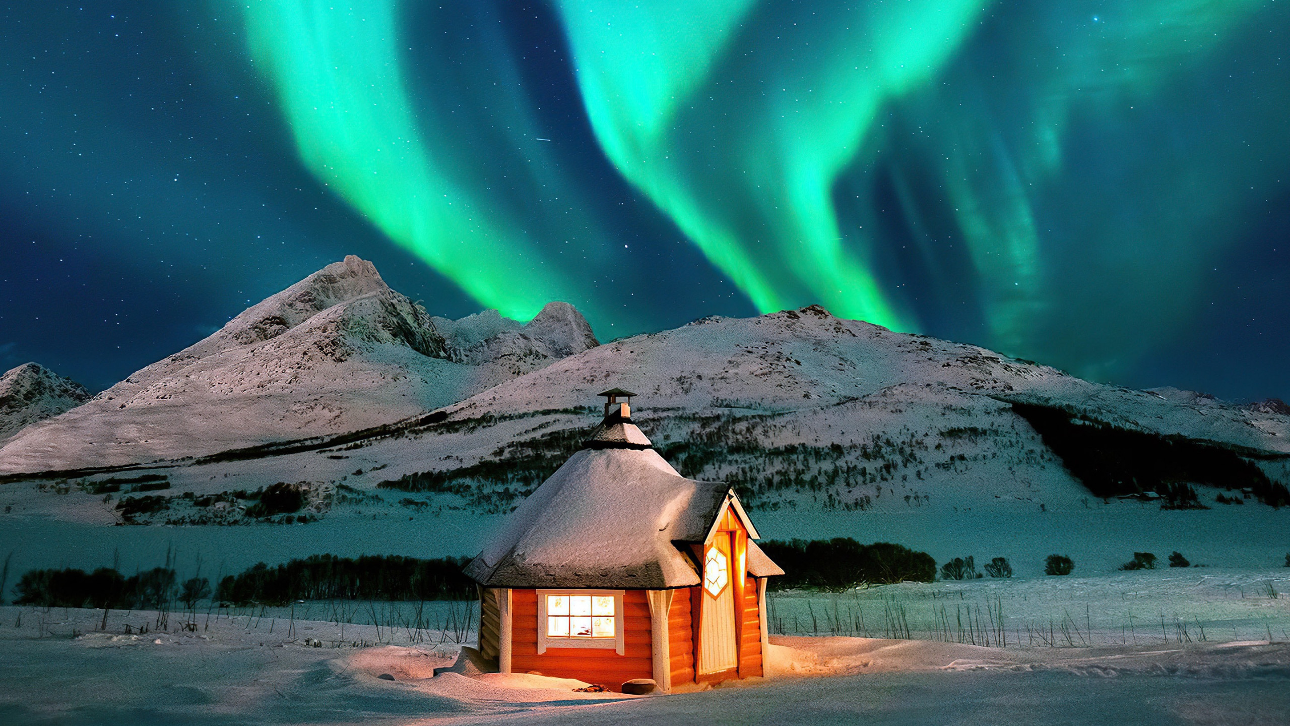Cabin Snow Northern Lights HD wallpaper