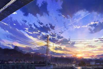 Anime Landscape for Desktop Scenery Clouds Stars Buildings