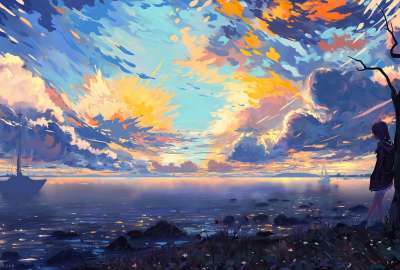 Anime Landscape for Desktop Sea Ships Colorful Clouds Scenic Tree Horizon