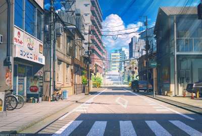 Anime Street for Desktop Scenic Buildings Bicycle Cars Road Clouds