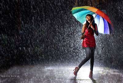 Beautiful Girl Happy Rain Umbrella Walk Free