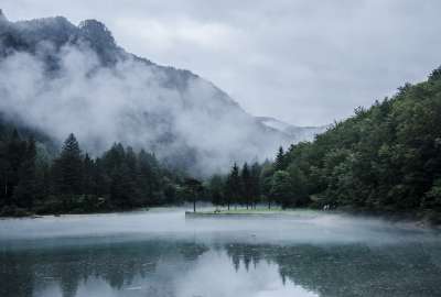 Black Blue Fog Gray Green Lakes Landscapes Mountains Trees Water