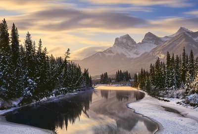 Bow River and Three Sisters in Canmore Canada