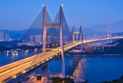 Fantastic Kong Tsing Ma Bridge Hong Lights City Dusk Harbor