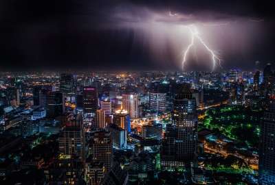 Lighting Storm at Night Over Bangkok Thailand