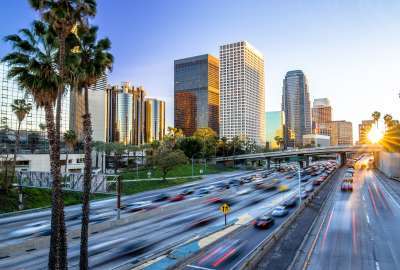 Los Angeles Downtown Buildings Skyline Highway Traffic Premium