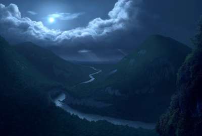 Night River Path Trough Mountains With Blue Moon