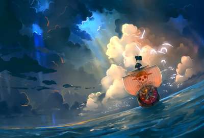 One Piece for Desktop Thousand Sunny Ship Ocean Clouds Artwork