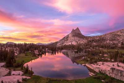 Pink Sunset at Upper Cathedral Lake Yosemite National Park