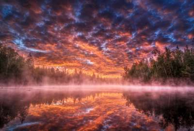 Sky Lake Fog Steam Ominous Darkness Reflection Trees