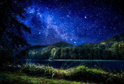 Starry Sky Over Mountain and Lake