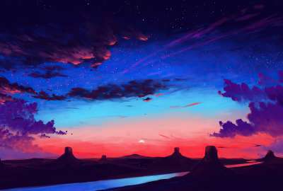 Sunset on a Desert With a Starry Sky