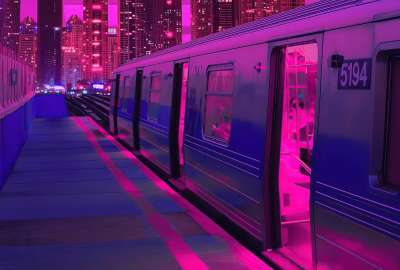 Train Neon Synthwave Buildings