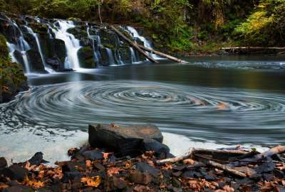 Twin Falls in Clatskanie Oregon With Some Leaves Swirling in This Long Exposure