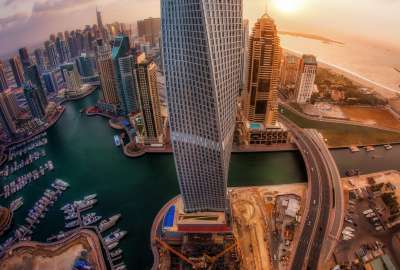 United Arab Emirates Skyscrapers Top View Sunrise City Dubai