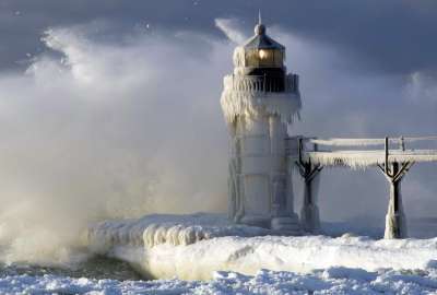 Winter Storm Whips and Crusts Lighthouse at St. Joseph Michigan