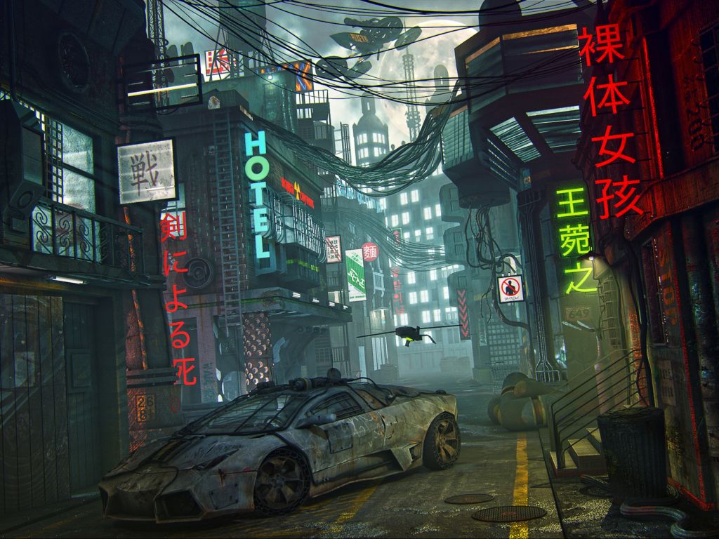 Abandoned Lamborghini Reventón in Anime Styled City wallpaper