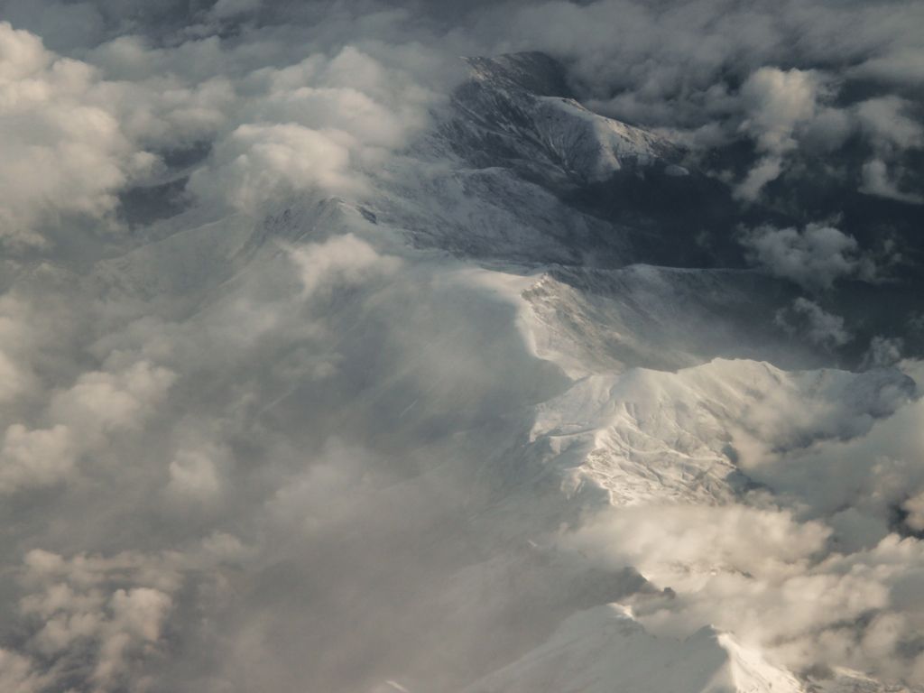 Aerial Clouds Gray Landscapes Mountains Snow White wallpaper
