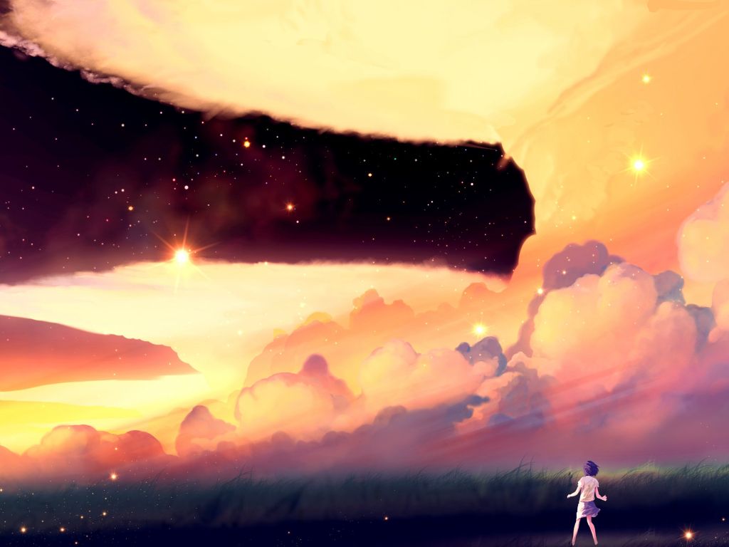 Akio Bako Anime Sunset Girl Clouds wallpaper