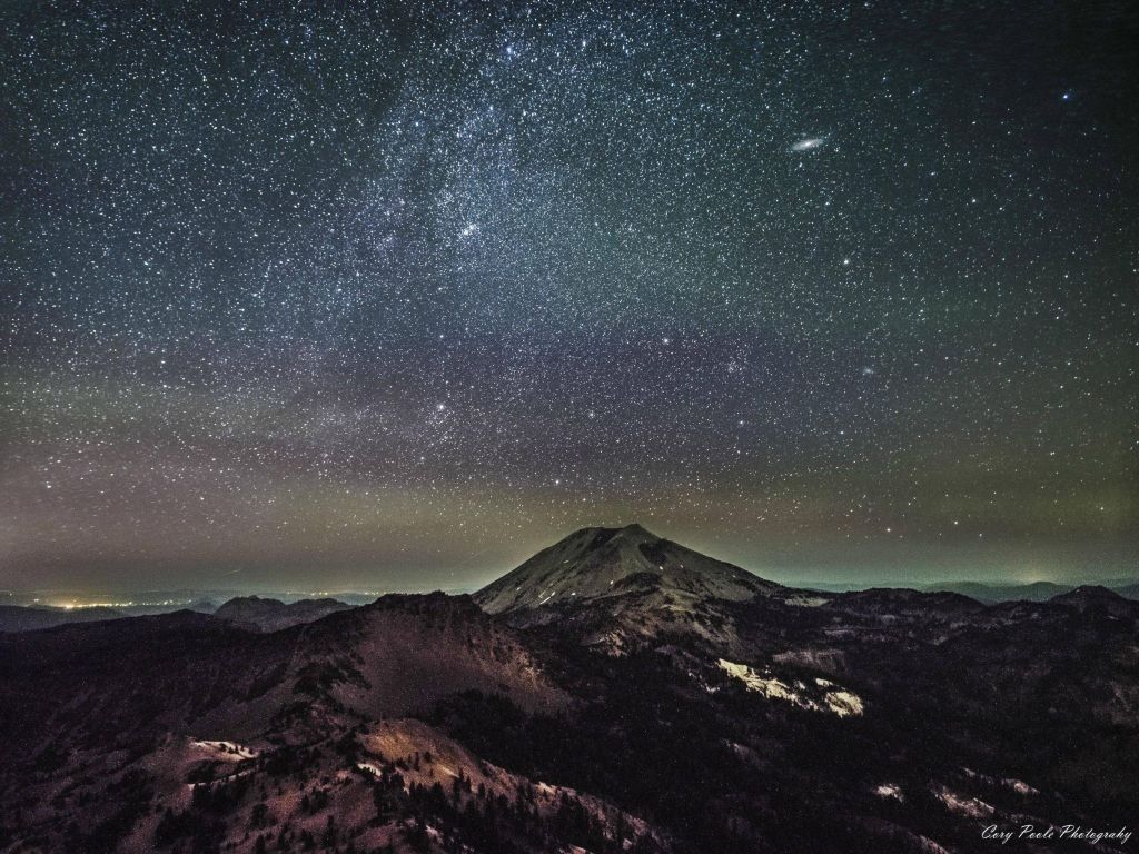 Andromeda Galaxy and Part of the Disc of the Milky Way Rising Over Lassen Peak in Northern California wallpaper