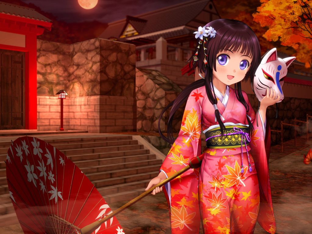 Anime Girl Kimono Umbrella wallpaper
