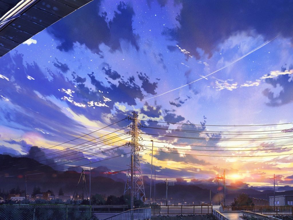Anime Landscape for Desktop Scenery Clouds Stars Buildings wallpaper