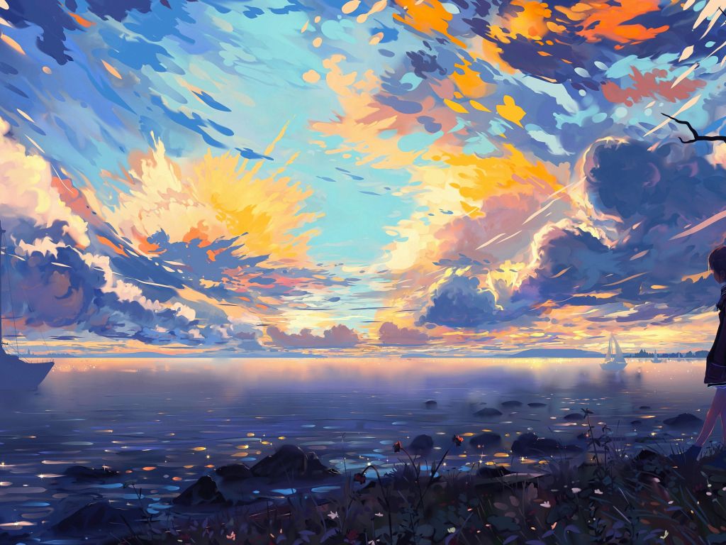 Anime Landscape for Desktop Sea Ships Colorful Clouds Scenic Tree Horizon wallpaper