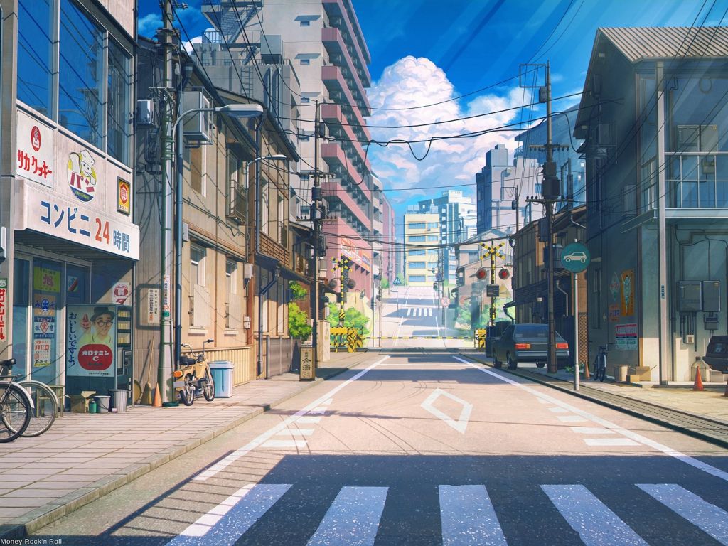 Anime Street for Desktop Scenic Buildings Bicycle Cars Road Clouds wallpaper