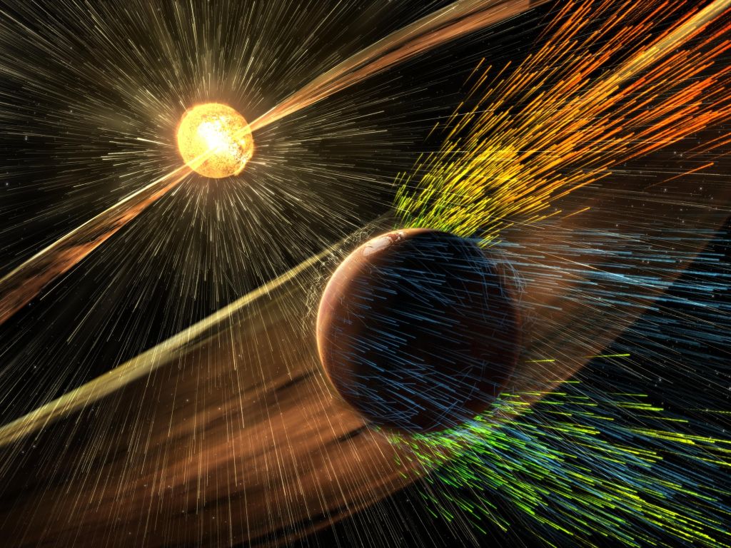 Rendition of a Solar Storm Hitting Mars and Stripping Ions wallpaper