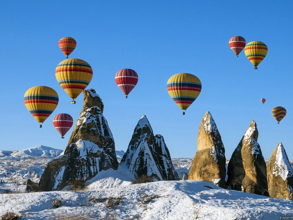 Balloons Over Snowy Cappadocia wallpaper