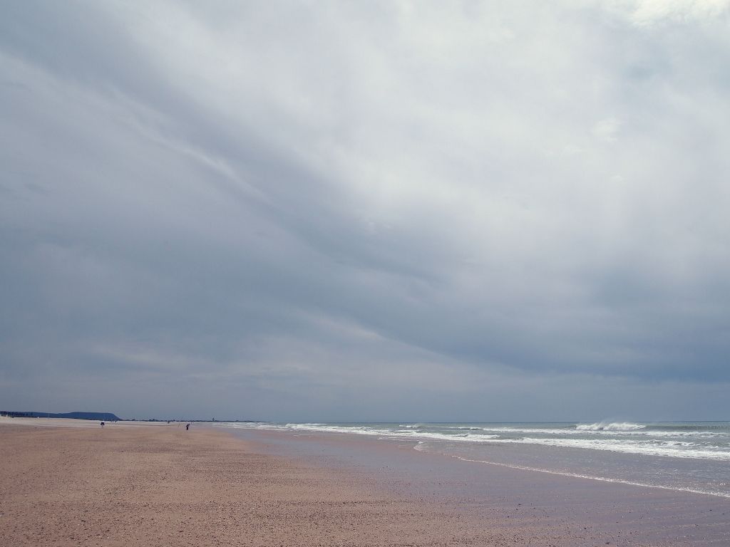 Beach Blue Clouds Gray Pink Sand Sea Sky Waves wallpaper