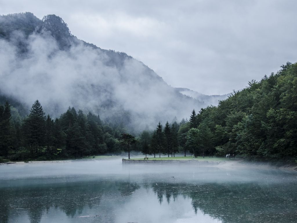 Black Blue Fog Gray Green Lakes Landscapes Mountains Trees Water wallpaper