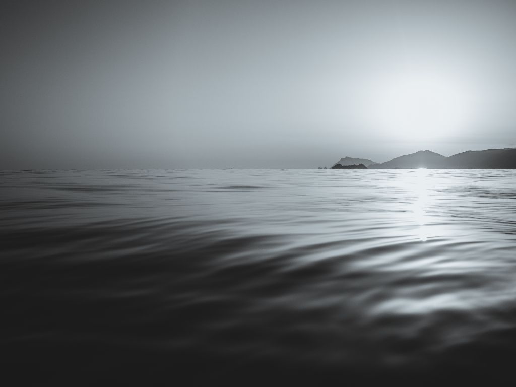 Black and white Calm Coast Islands Sea Sunset Waves wallpaper