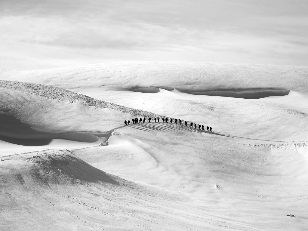 Black and white Ice Mountains People Snow Trekking Winter wallpaper