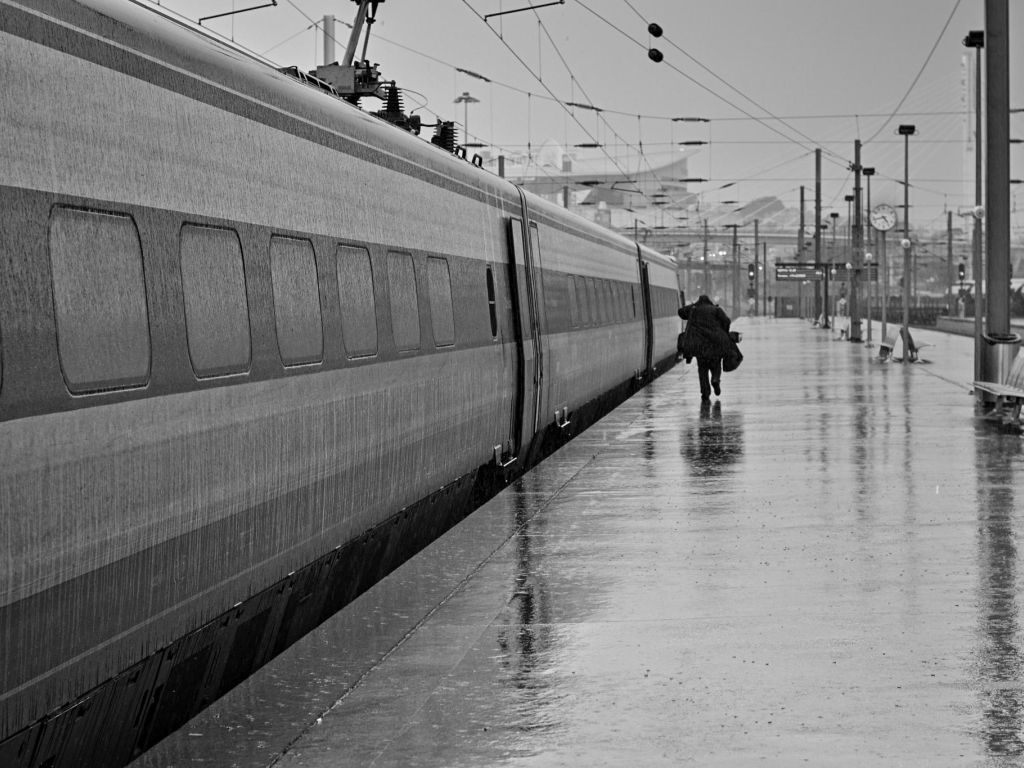 Black and white Rain Station Train wallpaper