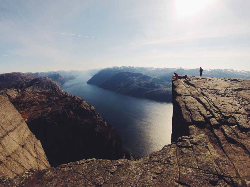 Blue Brown Fjords Inlets Landscapes Men Mountains Rocks Sea wallpaper
