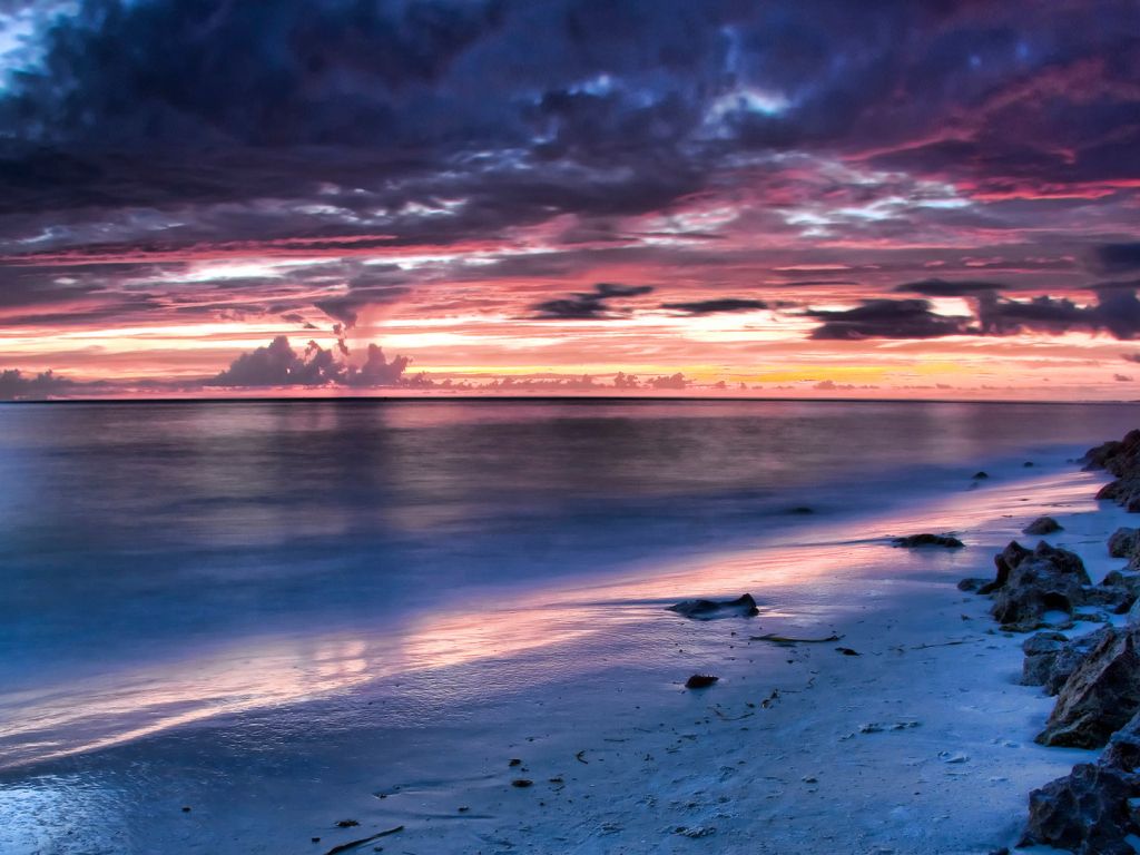 Blue Clouds Nature Ocean Pink Rocks Sea Skies Sunrise Sunset wallpaper