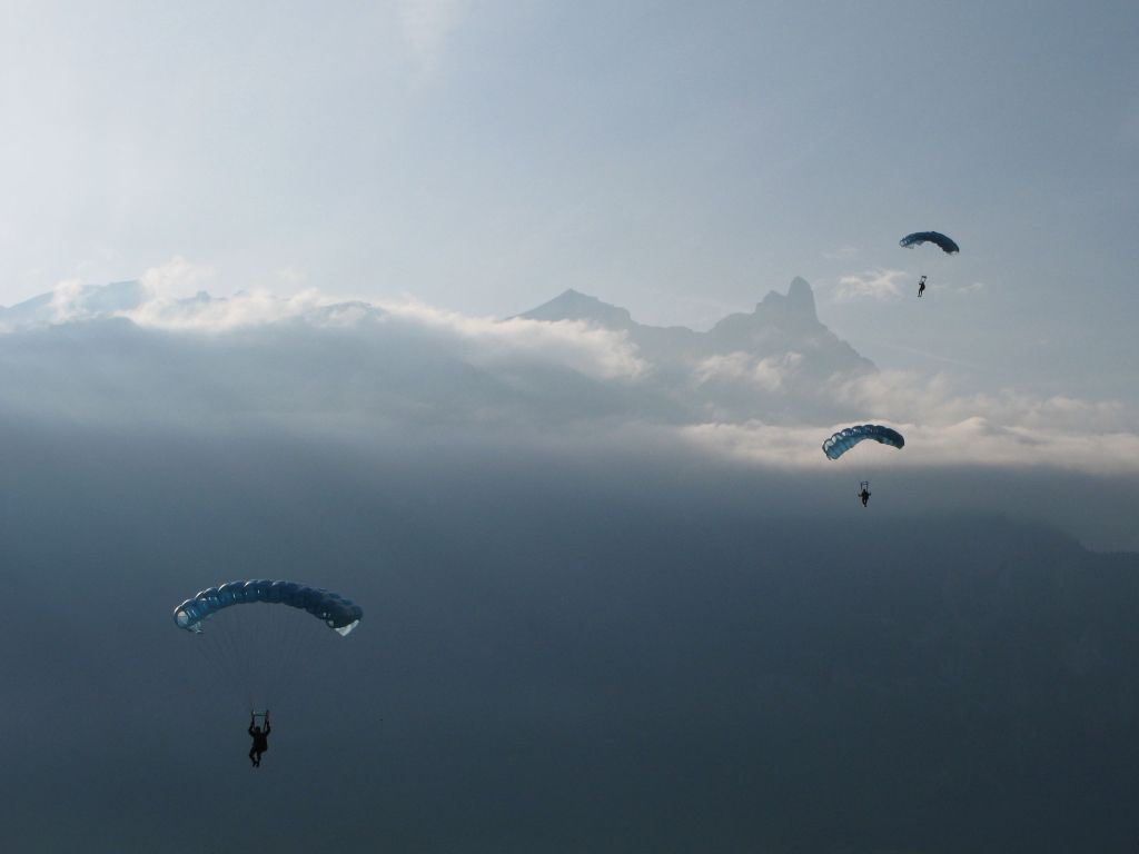 Blue Clouds Parachutes People Sky White wallpaper