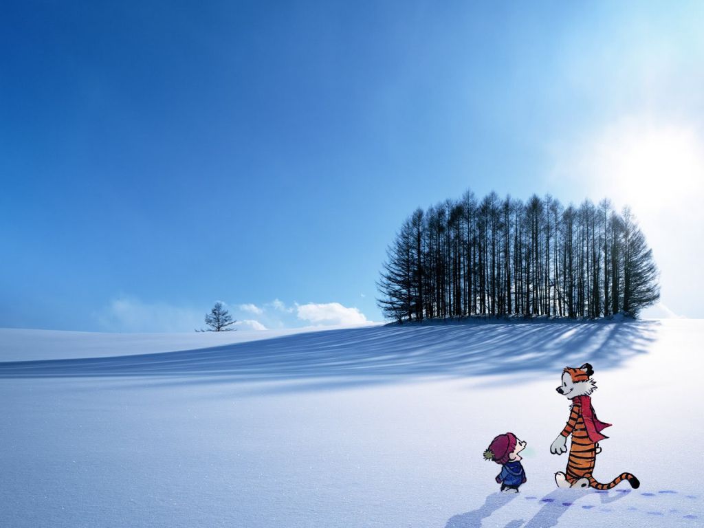 Calvin and Hobbes in a Remote Snow Field wallpaper