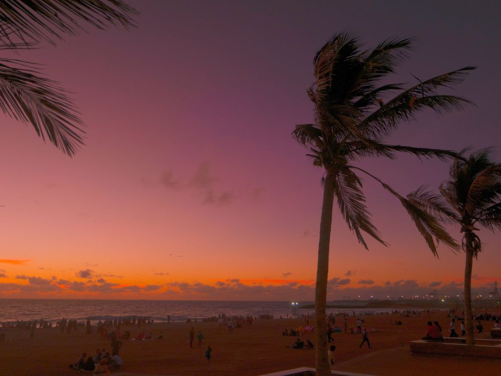 Crimson Sky Over People in Beach at Sunset wallpaper