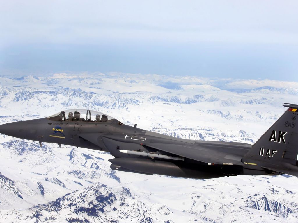 F 15E Strike Eagle Flys Over Glacial Fields wallpaper