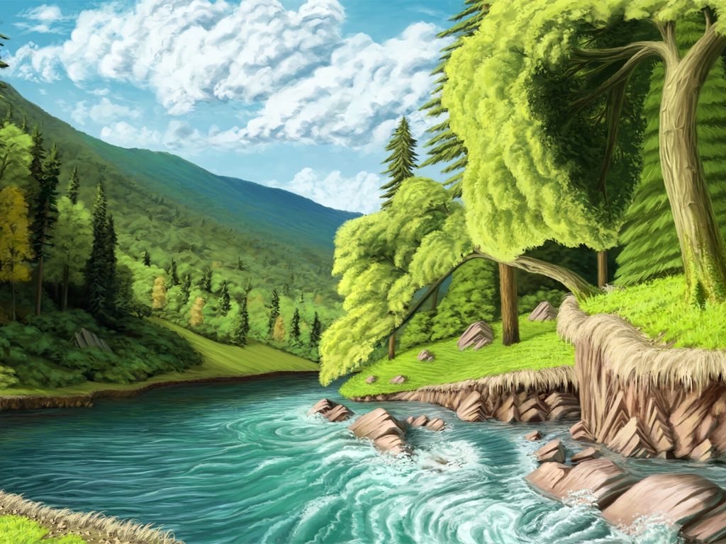 Fairy Tale River and Forest Scenery wallpaper
