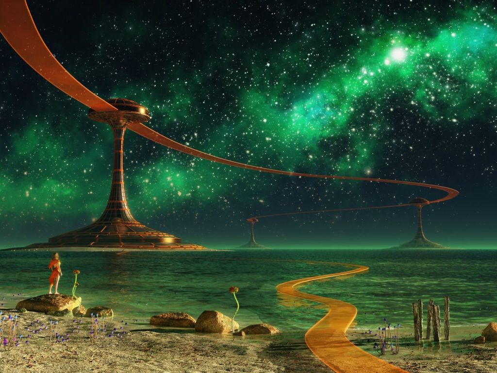 Fantasy Sky Glowing-stars Green Light Sea Ocean wallpaper