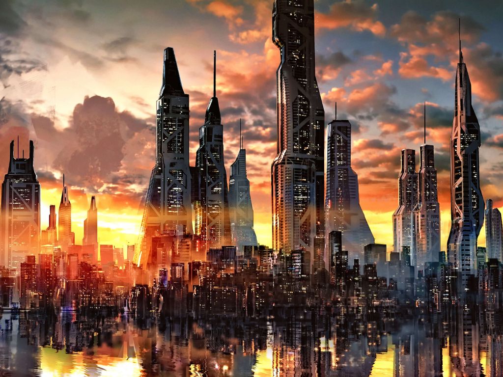 Beautiful day in sci-fi future🏙️ city 🏡🌳🏕️🌱🏢🏞️🌇🚀☀️🌈🌳nature over  the buildings optimistic sunny, no people left : r/nightcafe